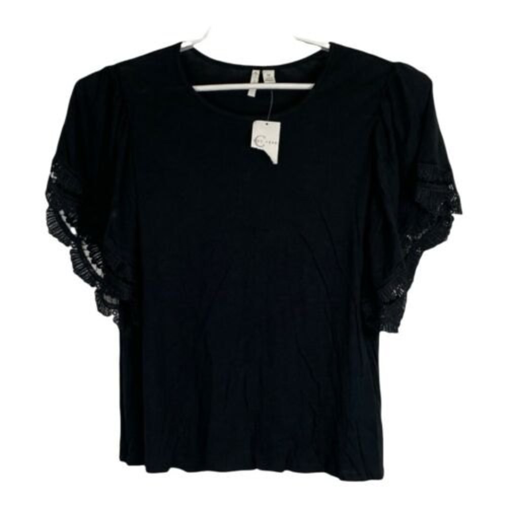 Est. 1946 Womens Shirt Size Medium Black Fare Lace Sleeve Short Sleeve Knit NEW
